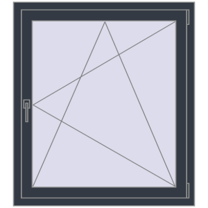 Kunststofffenster 1040x1125 mm Einzelnes Blatt. Sicht von innen In den Warenkorb Kipp und Drehfenster 1040x1125 mm REHAU SYNEGO MD 80 ANTHRACITE_GREY_STRUKTURAL beidseitig