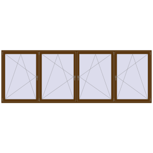 Kunststofffenster 4000x1400 mm Vierblättrig. Sicht von innen In den Warenkorb Kipp und Drehfenster 4000x1400 mm REHAU EURO70 WALNUT beidseitig