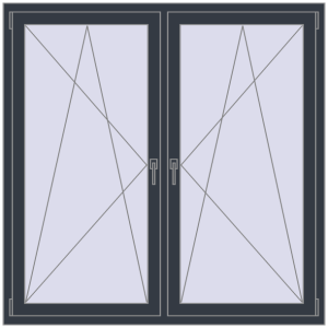 Kunststofffenster 1500x1500 mm Zweiblättrig. Sicht von innen In den Warenkorb Kipp und Drehfenster 1500x1500 mm REHAU EURO70 ANTHRACITE_GREY_STRUKTURAL beidseitig