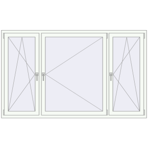 Kunststofffenster 2150x1300 mm Dreiflügelig. Sicht von innen In den Warenkorb Kipp und Drehfenster 2150x1300 mm REHAU EURO70 RAL 9016 Traffic white beidseitig