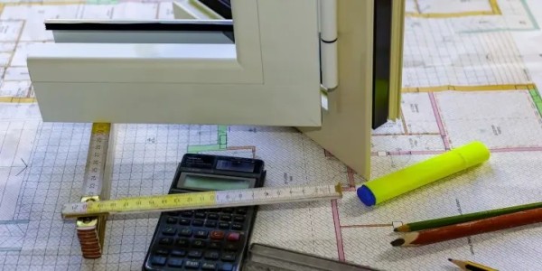 Taschenrechner und Maßstab auf einem Bauplan zur Berechnung von Fensterpreisen