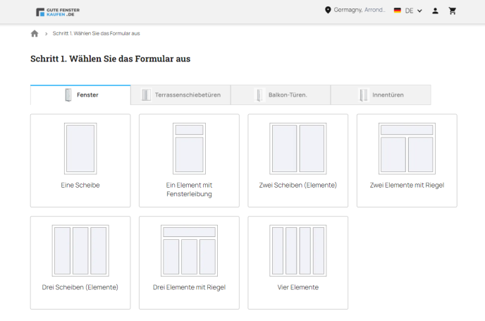Berechnung der Kosten für Fenster - Auswahl der Fensterform