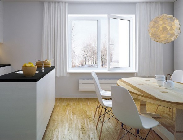 Moderne weiße Kunststofffenster von REHAU in einer hellen Küche