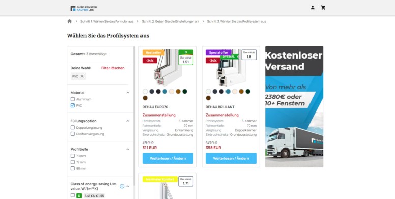 Berechnung des Preises eines Fensters - Auswahl eines Profilsystems